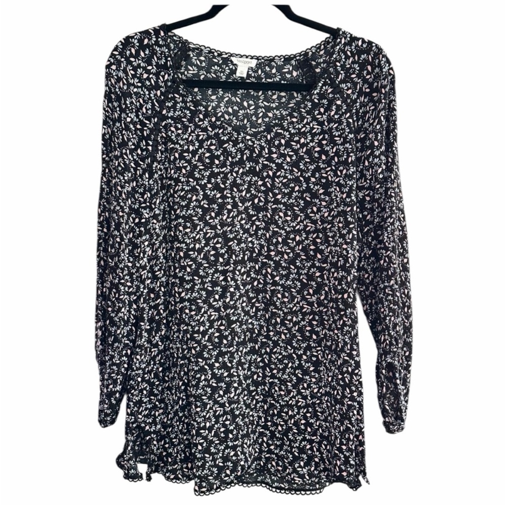 Westport Women's Blouse Black/Pink/Blue Floral Accents Size XL PTP 20” Like New